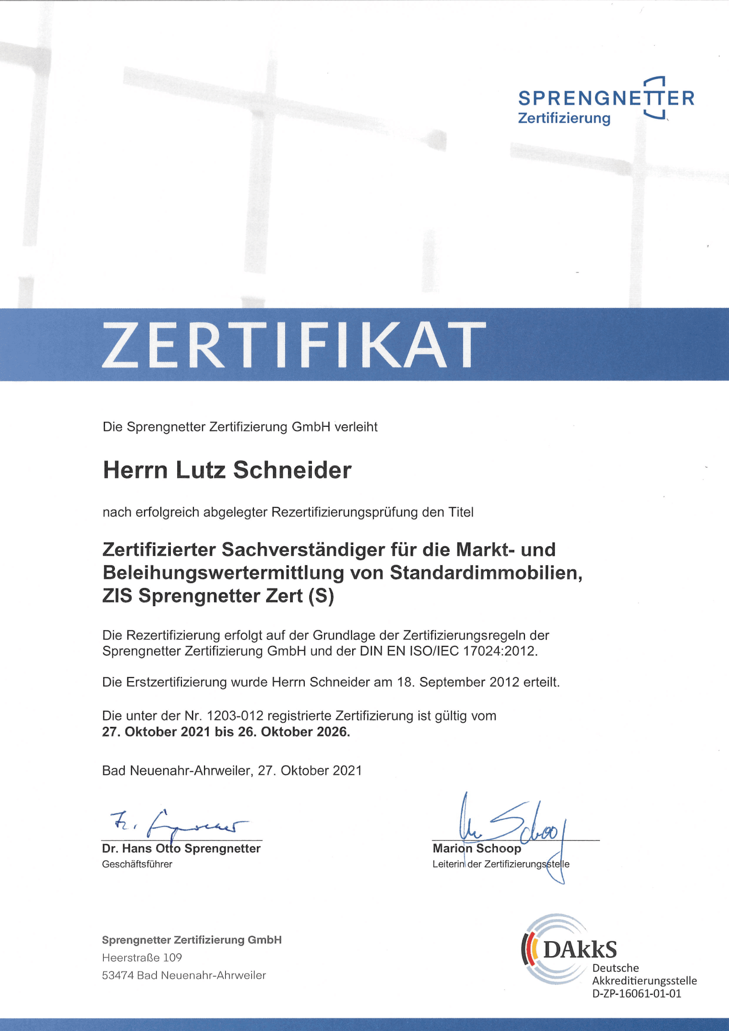 Erfolgreiche Rezertifizierung Lutz Schneider 1